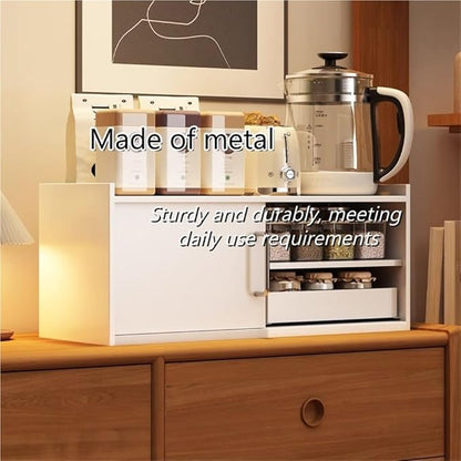 2-Tier Metal Spice Rack, Kitchen Countertop Organizer with Drawers, Tiered Coffee Mug Holder, Simple Coffee Bar Organizer with Sliding Door