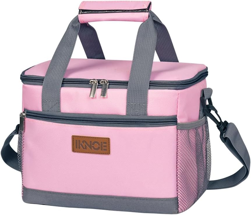 iknoe Large Foldable Cooler Bag, 8.5L Insulated Lunch Bag, Leakproof Lunch Cooler Tote with Multi-Bag Design Suitable for Beach, Picnic and Office Use, Pink 15-Can