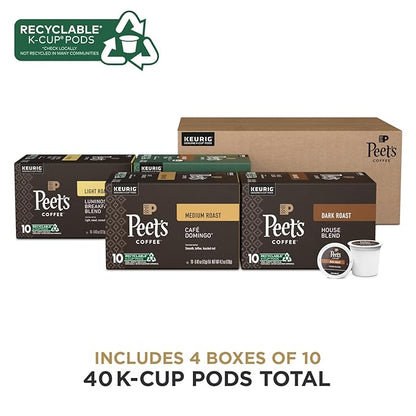 Peet's Coffee, Keurig K-Cup Pods Variety Pack - Luminosa Breakfast Blend, Café Domingo, Organic Alma De La Tierra, House Blend, 40 Count (4 Boxes of 10 Pods)