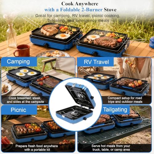 Uniflasy Foldable 2 Burner Camping Stove with Griddles