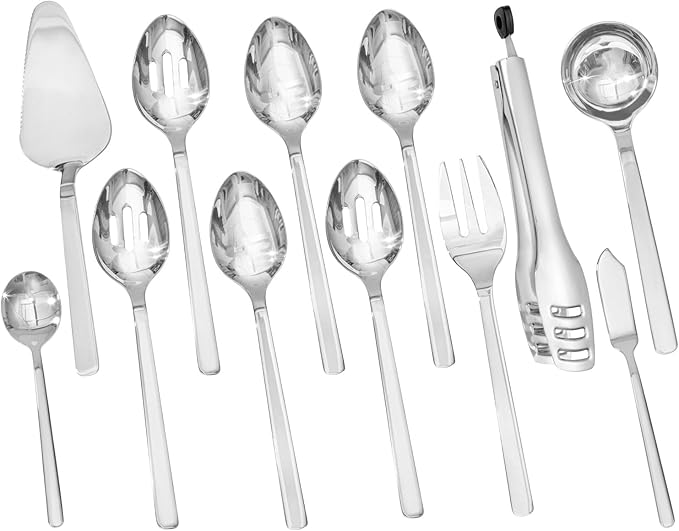 KINGSTONE Large Hostess Serving Utensils Set, 18/10 Stainless Steel -10 inch Serving Spoons, Slotted Spoons, Forks, Tongs, Cake Pie Server, Butter Knife, Sugar spoon for Buffet, Wedding, Party