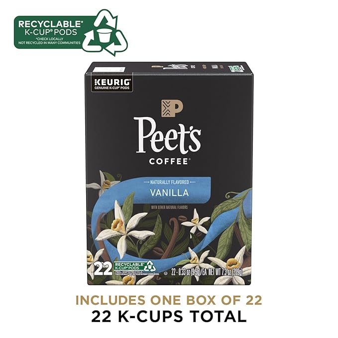 Peet's Coffee, Flavored Light Roast Keurig K-Cup Pods - Vanilla 22 Count (1 Box of 22 K-Cup Pods)