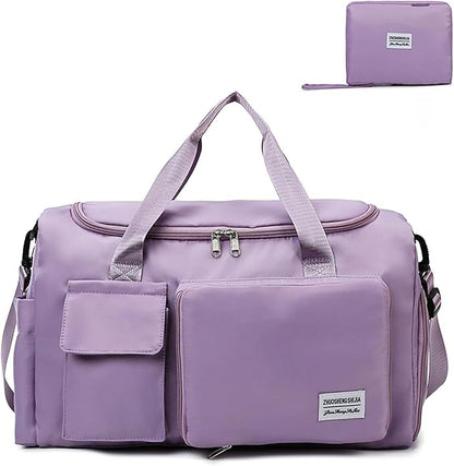 Multipurpose 20L Foldable Duffel Bag Gym Yoga Bag Carry-On Shopping Sack Travel Organizer Cabin Bag Sundry Package Wet&Dry Compartment (Purple)