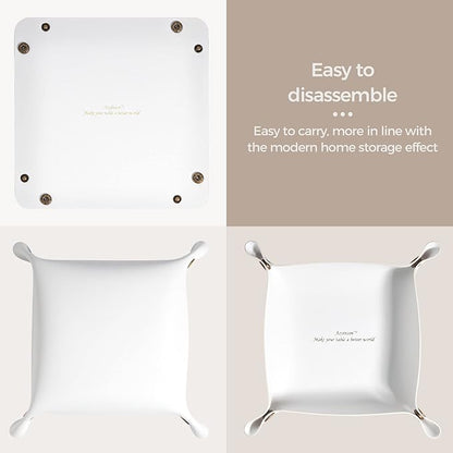 Leather Valet Tray, Premium Catchall Trays, Jewelry Trays, Decorative Desk Organizer,Folding Travel Organizer,Office/Home Organization Trays (Large Medium and Small, 3PCS)(White)
