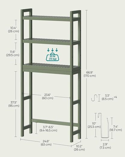 SONGMICS Over The Toilet Storage, 3-Tier Over Toilet Bathroom Organizer with Adjustable Shelf, 10.2 x 24.8 x 66.9 Inches, Space-Saving, Forest Green UBTS001C01