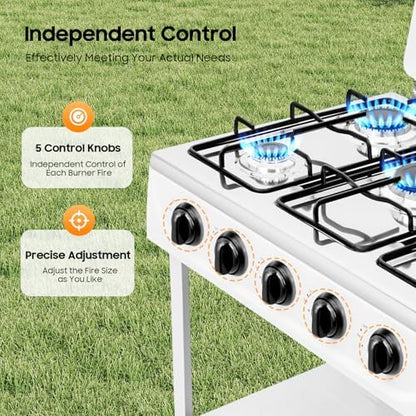 5 Burner Propane Portable Gas Stove, Gas Burners for Cooking Outdoor with Support Leg Stand Adapter Auto Ignition Cooktop Stove Top for RV, Apartment, Outdoor Cooking (White)