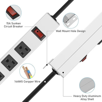 JUNNUJ Metal 12 Outlet Power Strip, Mountable Heavy Duty Power Strip, 1200J Surge Protector Wall Mount Screws Outlet with Switch, Gaming Desk Strips Wide Spaced 15A 125V 1875W, 6 FT 14AWG Power Cord