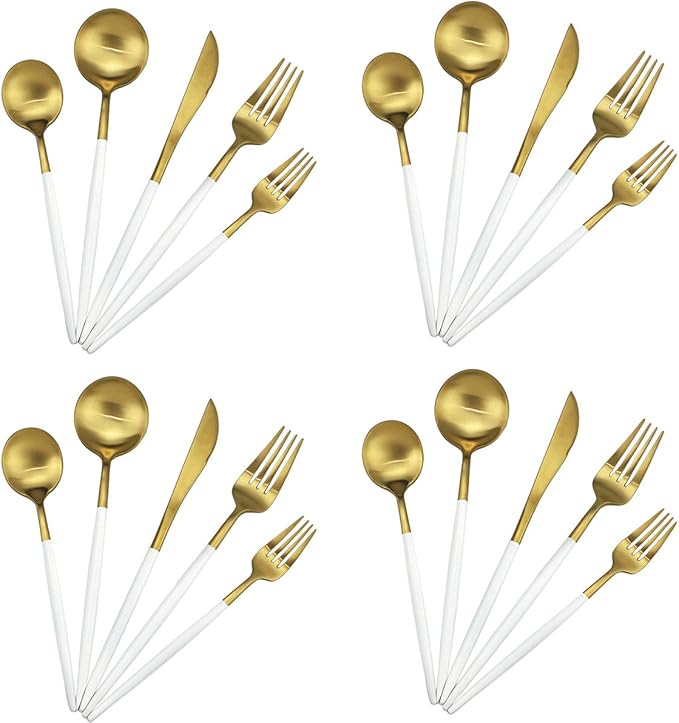 Gugrida 20-Piece 18/10 Stainless Steel Flatware Silverware, Luxury Dinnerware Set Travel Cutlery Tableware Include Knife Fork Spoon Service for 4, Dishwasher Safe (White Handle Matte Gold)