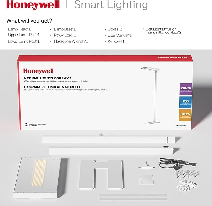 Honeywell 155W LED Floor Lamp - 02E MAX Sunturalux Eye-Care Tall Standing Light, 16000LM 4000K Natural Daylight Reading Lamp for Home Office Bedroom