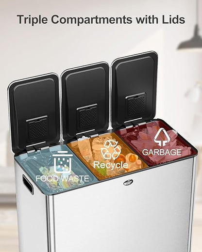 90L/3 x 7.9 Gal Trash Can,Three-Compartment Pedal Stainless Steel Kitchen Recycling Trash Can with Odor Seal, Hands-Free Foot Operated Waste Bin for Home, Office, Restaurant, School, Hospital