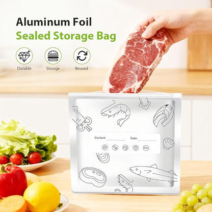 Reusable Aluminum Foil Sealable Storage Bags, 2026 New Resealable Vacuum Zipper Pouches, Stand Up Foil Sealable Bags with Label and Zip Lock for Kitchen (10, Large)