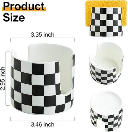 Checkered Kitchen Sink Sponge Holder, Dish Sponge Rack Ceramic Brush Holder Farmhouse Kitchen Dish Rack for Brush, Scrubbers, Bathroom, Sink, Black and White