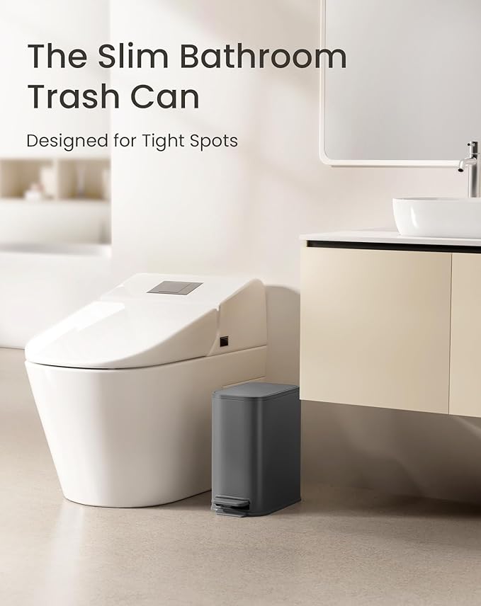 Cesun Small Bathroom Trash Can with Lid Soft Close, Step Pedal, 5 Liter / 1.3 Gallon Stainless Steel Garbage Can with Removable Inner Bucket, Waste Basket for Bathroom, Bedroom (Gray)