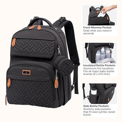 BabbleRoo Diaper Bag Backpack, Travel Backpack with Changing Pad, Pacifier Case & Stroller Straps, Multifunction, Waterproof, Unisex – Black