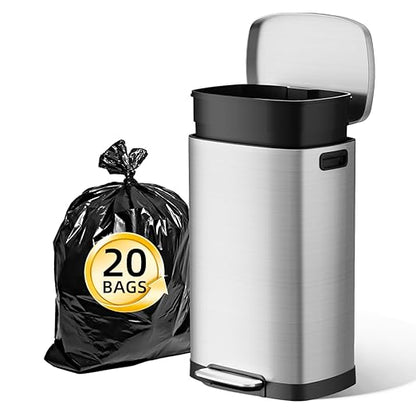 KUK 13 Gallon/50L Stainless Steel Kitchen Trash Can with Lid and Step Pedal-Large Capacity Garbage Bin with Odor Seal, Silent Close Lid, Removable Inner Bucket for Home, Kitchen, Bedroom, Silver