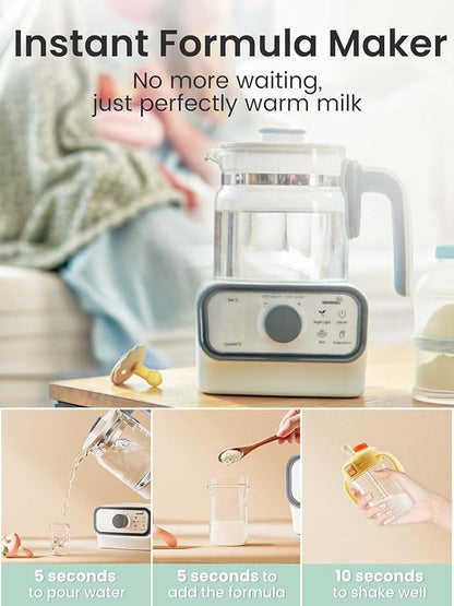 GROWNSY Baby Instant Warmer, Glass Water Boiler with Accurate Temperature Control for Formula, Coffee and Tea, 1.3 Liter Electric Kettle with LCD Display and Timer