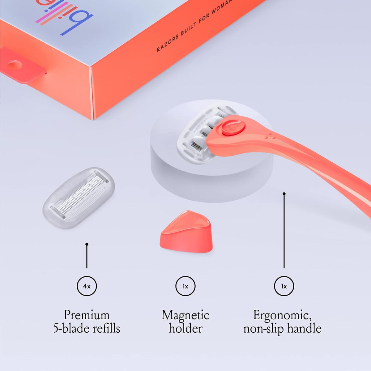 Billie Razors for Women Shave Kit – Women’s Razor + 4 x 5-Blade Razor Refills + Magnetic Holder – Coral
