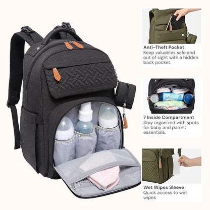 BabbleRoo Diaper Bag Backpack, Travel Backpack with Changing Pad, Pacifier Case & Stroller Straps, Multifunction, Waterproof, Unisex – Black