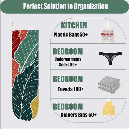 2 Pcs Palm Leaves Plastic Bag Holder, Botanical Grocery Bag Holder for Plastic Bags, Reusable Grocery Bag Organizer with Drawstring, Pull Rope Free Adjustment, Home Kitchen Pantry Decor, 22.5x9 Inch