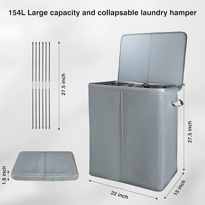 Voova 154L Double Laundry Hamper with Lid and 2 Removable Laundry Bags, Large Collapsible 2 Dividers Dirty Clothes Basket with Handles for Laundry Room, Bedroom, Bathroom, College Dorm, Grey