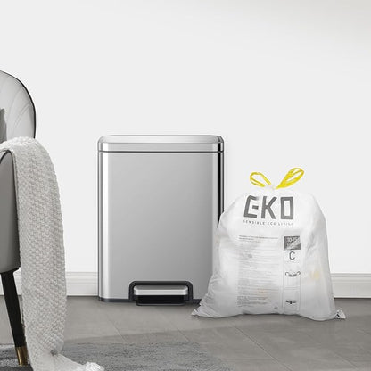 EKO 4 Gallon / 10-15 Liter, 80 Count Small Drawstring Trash Bags, Extra-Strong Unscented Garbage Bags, Easy-Dispense Roll for Kitchen & Household Use, Resists Tears, Leaks and Punctures, Code C, White