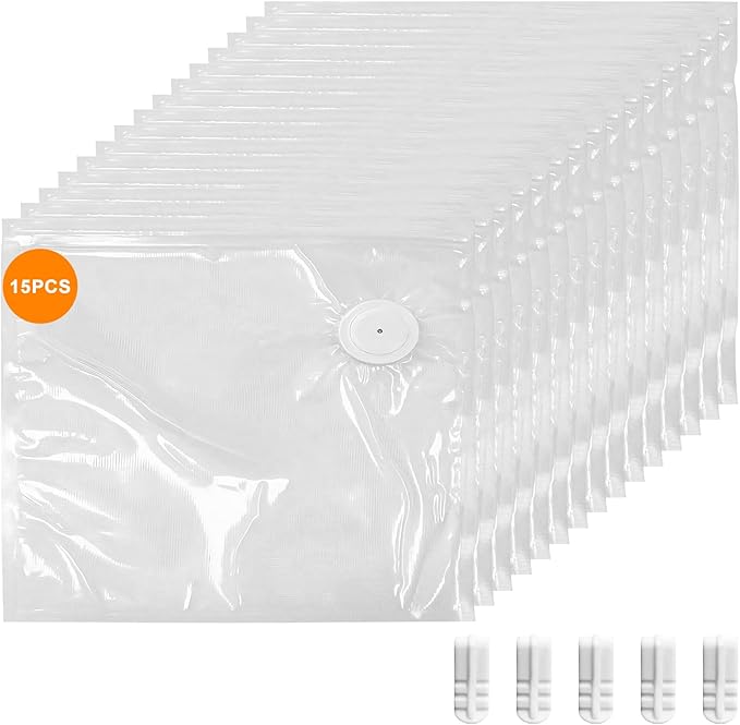 MEGAWISE Vacuum Zipper Bags 15Pcs (10 * 11in), BPA Free, Reusable Food Storage Bags with Air Valve for Sous Vide Cooking/Freezer/Microwave Heating, with 5 Seal Clips.