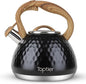 Tea Kettle, Toptier Teapot Whistling Kettle with Wood Pattern Handle Loud Whistle, Food Grade Stainless Steel Tea Pot for Stovetops Induction Diamond Design Water Kettle, 2.7-Quart Black