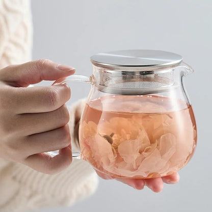 IwaiLoft Glass Teapot with Removable Stainless Steel Filter Lid Stovetop & Microwave Safe Borosilicate Glass Kettle for Loose Leaf, Blooming Tea And Coffee Sharing (15OZ)