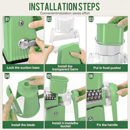 Rotary Cheese Grater with 5 Well-designed Blades & Strong Suction Base, Kitchen Mandoline Vegetable Slicer with Blade Storage Box (GREEN)