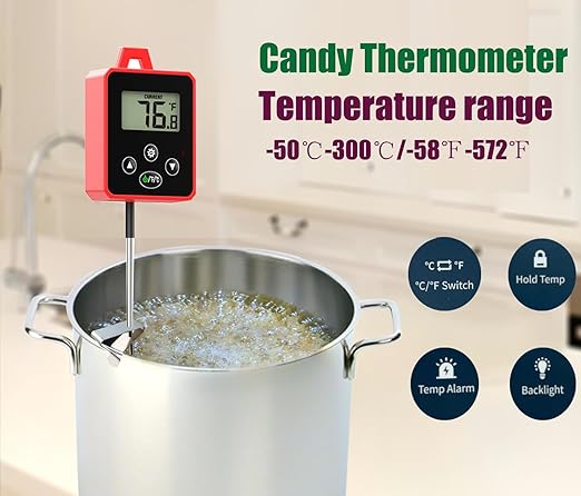 Digital Candy Thermometer with Pot Clip,Alarm Function,10'' Long Probe,Rotatable Display, Programmable Instant Read Food Candy Thermometer for Candy Making,Candle Smoker, Oil Cooking