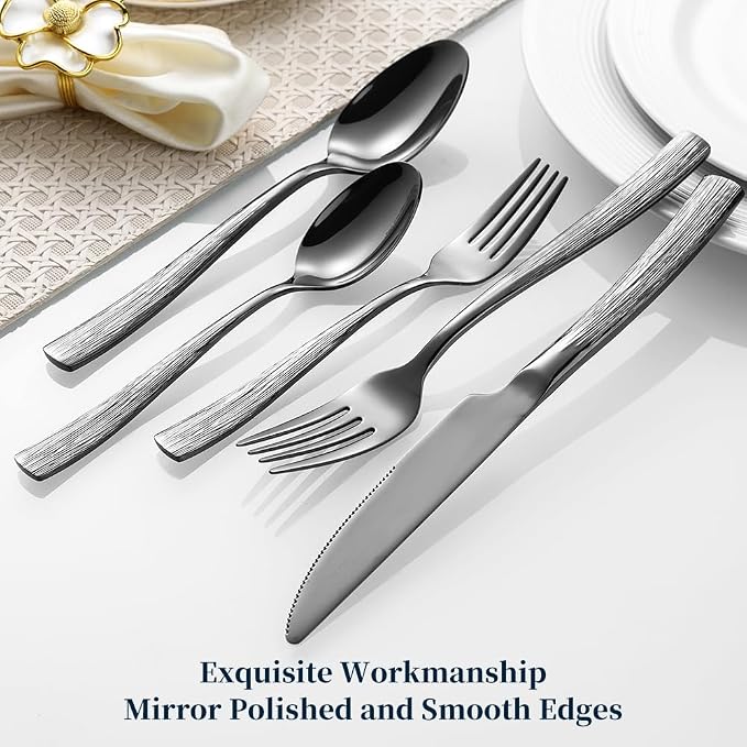 Black Hammered Silverware Set, Heavy Duty Flatware Set, 18/0 Stainless Steel