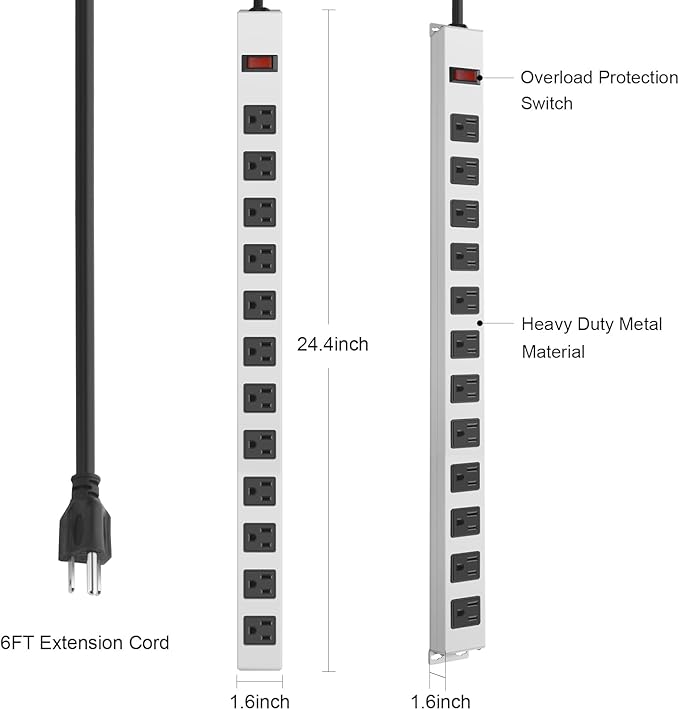 JUNNUJ Metal 12 Outlet Power Strip, Mountable Heavy Duty Power Strip, 1200J Surge Protector Wall Mount Screws Outlet with Switch, Gaming Desk Strips Wide Spaced 15A 125V 1875W, 6 FT 14AWG Power Cord