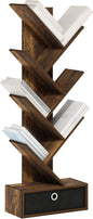 Furinno Tree Book Shelf, 7-Tier Bookshelf, Tree Bookcase with Bin Drawer, 8.4 x 16.9 x 46.2, for Living Room, Bedroom, Home Office, Amber Pine/Black