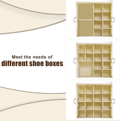 Shoe Organizer for Closet, Fits up to 16 Pairs Shoe Storage, Clear Foldable Shoe Containers Boxes Bins Baskets with Adjustable Dividers and Clear Cover White