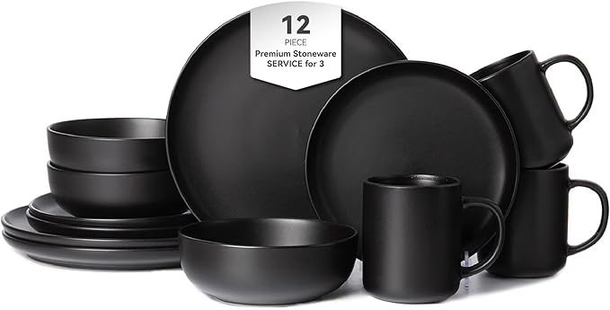 12-Piece Matte Black Dinnerware Set,Stoneware Dinnerware for 3, Microwave & Dishwasher Safe, Stackable Design for Kitchen and Dining - Plates,Bowls and Mugs