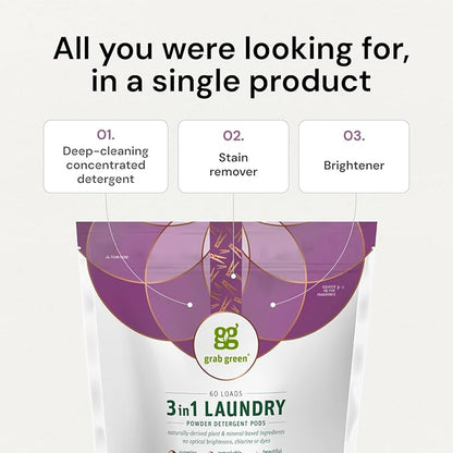 Grab Green 3-in-1 Laundry Detergent Pods, 24 Count, Fragrance Free, Plant and Mineral Based, Superior Cleaning Power, Stain Remover, Brightens Clothes