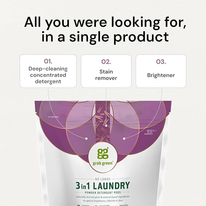 Grab Green 3-in-1 Laundry Detergent Pods, 24 Count, Lavender Vanilla Scent, Plant and Mineral Based, Superior Cleaning Power, Stain Remover, Brightens Clothes