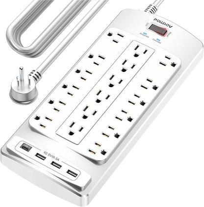 18 Outlets Surge Protector Power Strip - 20 Feet Flat Plug Heavy Duty Extension Cord with 18 Widely Outlets and 4 USB Ports, 2100 Joules, White, ETL Listed