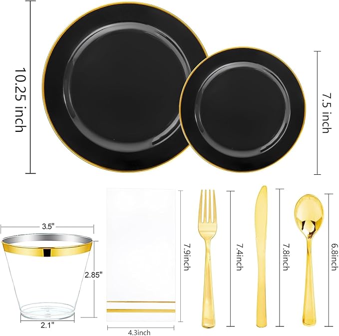 SUT 175 Piece Black and Glod Plastic Dinnerware Set