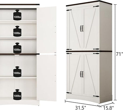 71in Farmhouse Kitchen Pantry Cabinet,Tall Storage Cabinet with 4 Doors and Adjustable shelves,with Load-Bearing Steel Pipe,Wood Storage Cabinets for Kitchen,Dining Room,Bathroom(White)