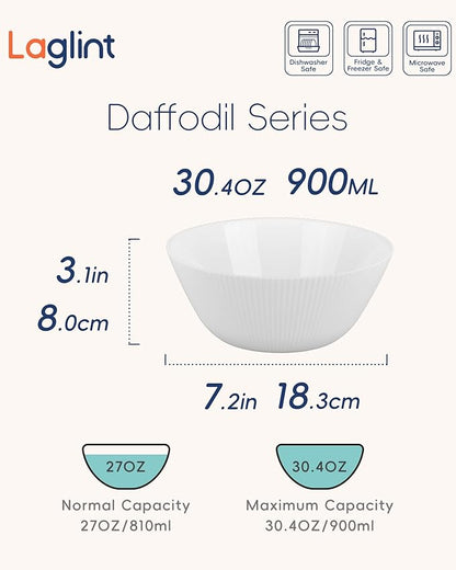 30 OZ Max Cereal Soup Bowl Set of 6, Opal Glass 7.2 inch White Ribbed Bowls for Ramen, Noodle, Salad, Fruit, Dishwasher and Microwave Safe