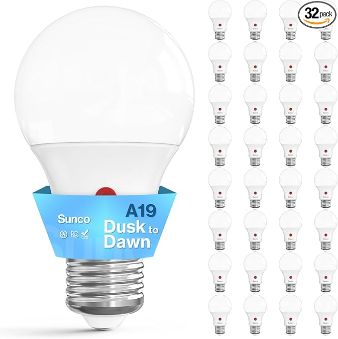 Sunco 32 Pack Dusk to Dawn LED Outdoor Light Bulb A19, Photocell Automatic for Exterior Lighting, 800 LM, 9W (60W Eqv.), 5000K Daylight, Auto On/Off Sensor, IP65 Rated UL.