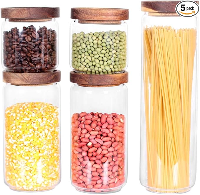 Glass Canisters Set of 5 for the kitchen, Glass Storage Container jars with Airtight Acacia Lid for Coffee Beans, Flour, Sugar, Rice and Spaghetti and etc