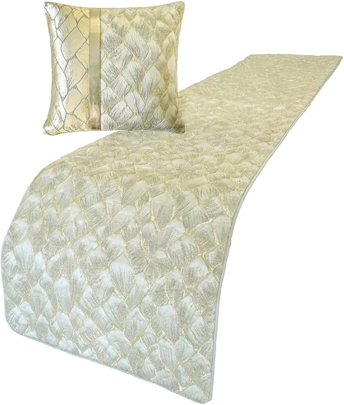 The HomeCentric King/Queen/Twin Ivory & Gold Decorative Full 68"x18" Bed Runner with Pillow Cover, Patchwork, Quilted, Jacquard Foil Bed Scarf on Jacquard Fabric - Spinzar