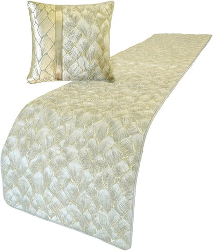 The HomeCentric King/Queen/Twin Ivory & Gold Decorative Full 68"x18" Bed Runner with Pillow Cover, Patchwork, Quilted, Jacquard Foil Bed Scarf on Jacquard Fabric - Spinzar