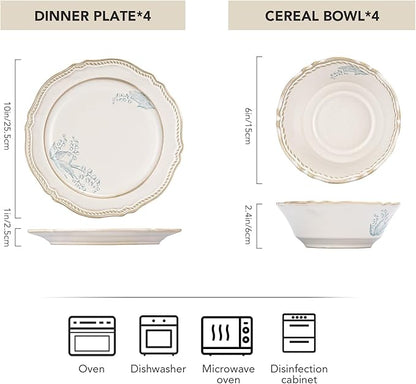 8-Piece Dinnerware Set - Lily Bloom Series, Service for 4, Includes 6'' Bowls & 10'' Plates, Retro Vintage Floral Style, Microwave & Dishwasher Safe