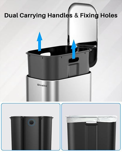 Lovewind Trash Can with Lid, 5.2 Gallon/20 L Footstep Garbage Can for Kitchen Bathroom Bedroom Home Office, 20 Liter Trash Bin Brushed Stainless Steel Waste Bin with Soft-Close Lid, Silver