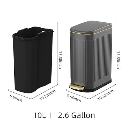 2.6 Gallon Slim Bathroom Trash Can with Soft Close Lid, 10L Stainless Steel Garbage Can with Removable Liner Bucket, for Narrow Spaces, Bathroom, Bedroom (Gray)