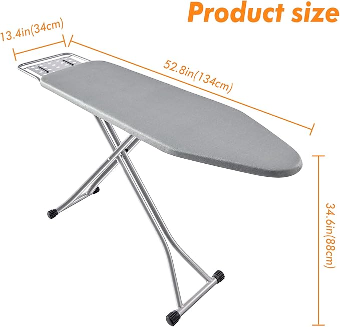 Ironing Board, Heat Resistant Cover Iron Board with Steam Rest, Non-Slip Foldable Ironing Stand. Heavy Sturdy Metal Frame Legs Iron Stand(13 * 34 * 53 Inches) (Silver Gray)