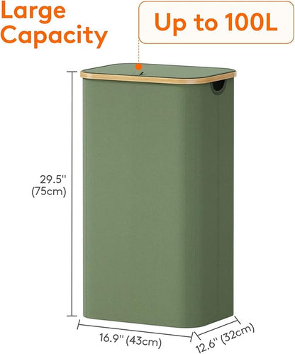 Lifewit 100L Laundry Basket with Lid, Clothes Hampers for Laundry with Bamboo Handles and A Removable Bag, Large Foldable Laundry Hamper for Bedroom, Bathroom, Dorm, Laundry Room, Green